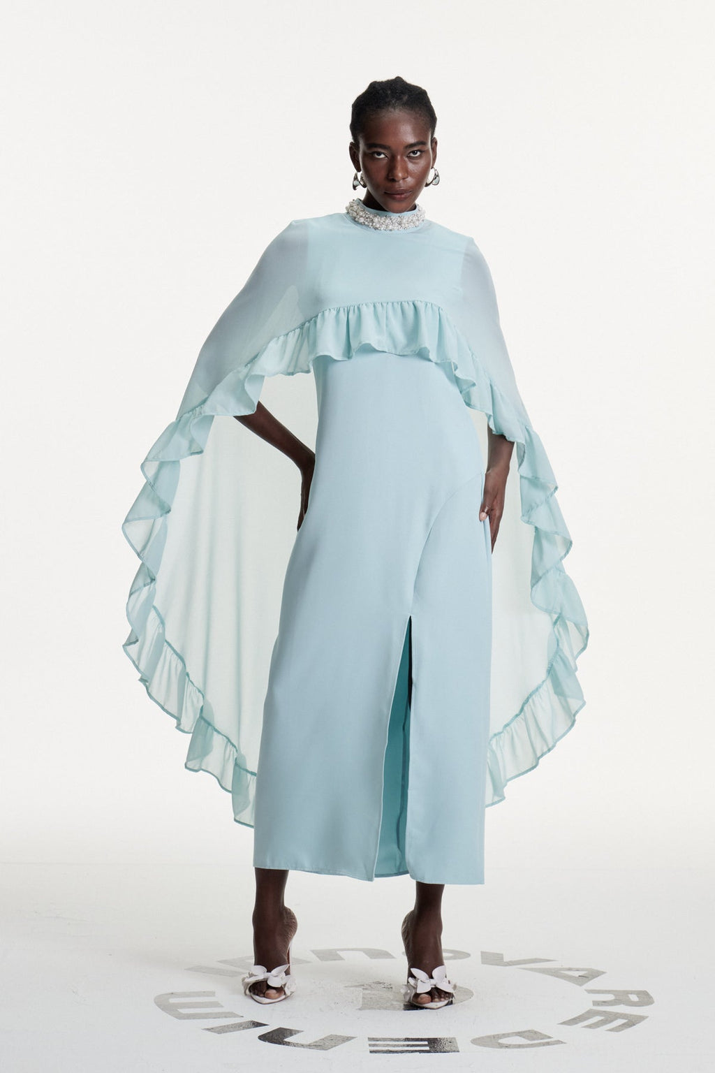Damarion Pearl Ruffle Shawl Maxi Dress