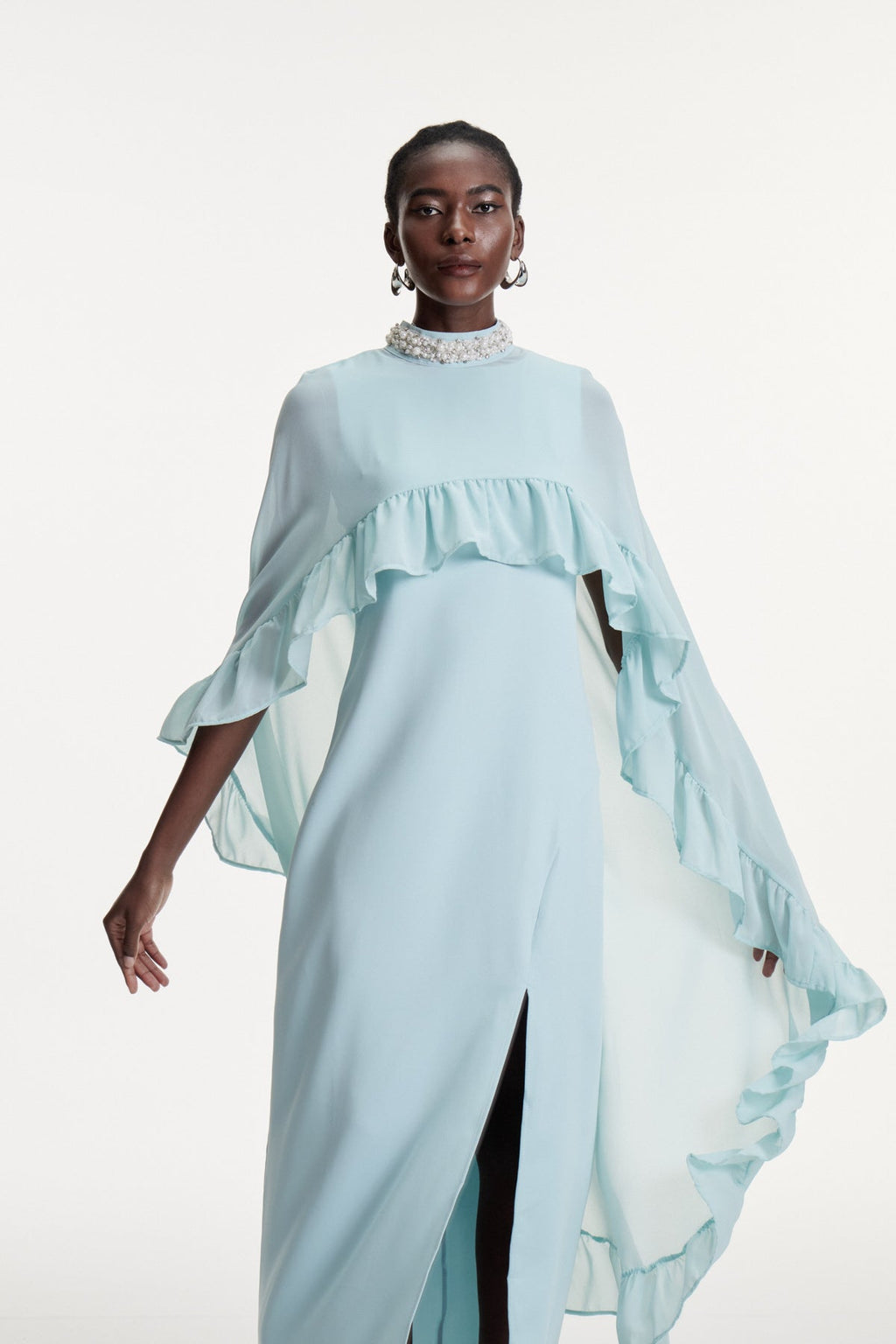 Damarion Pearl Ruffle Shawl Maxi Dress