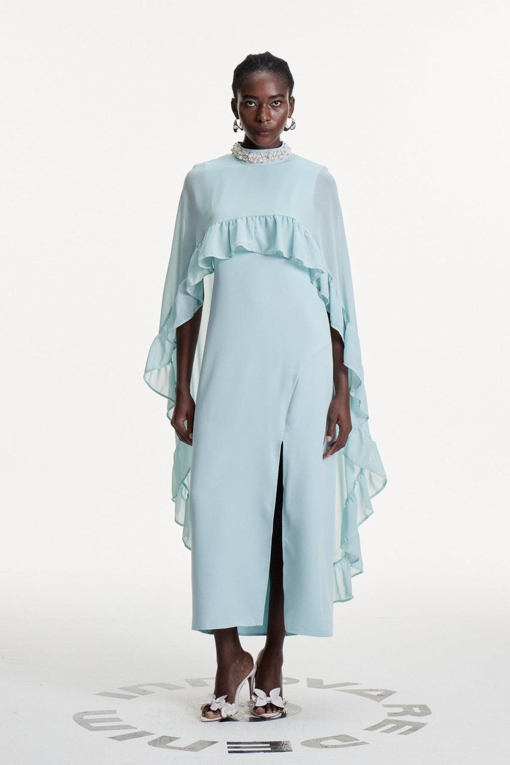 Damarion Pearl Ruffle Shawl Maxi Dress
