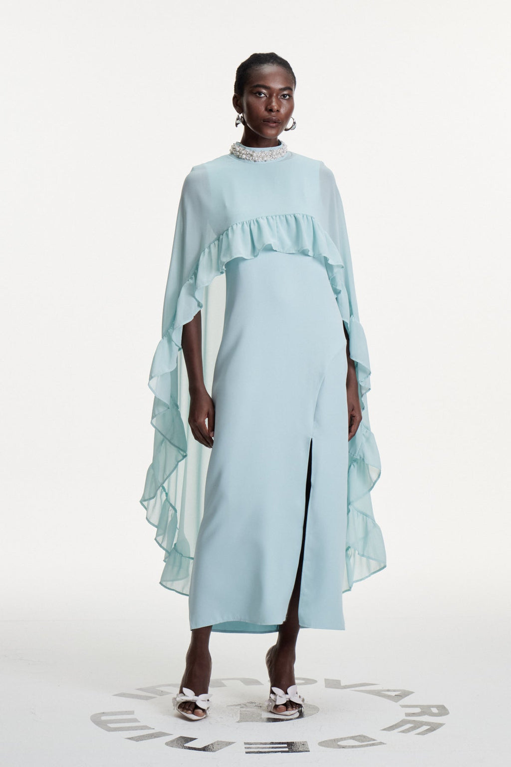 Damarion Pearl Ruffle Shawl Maxi Dress