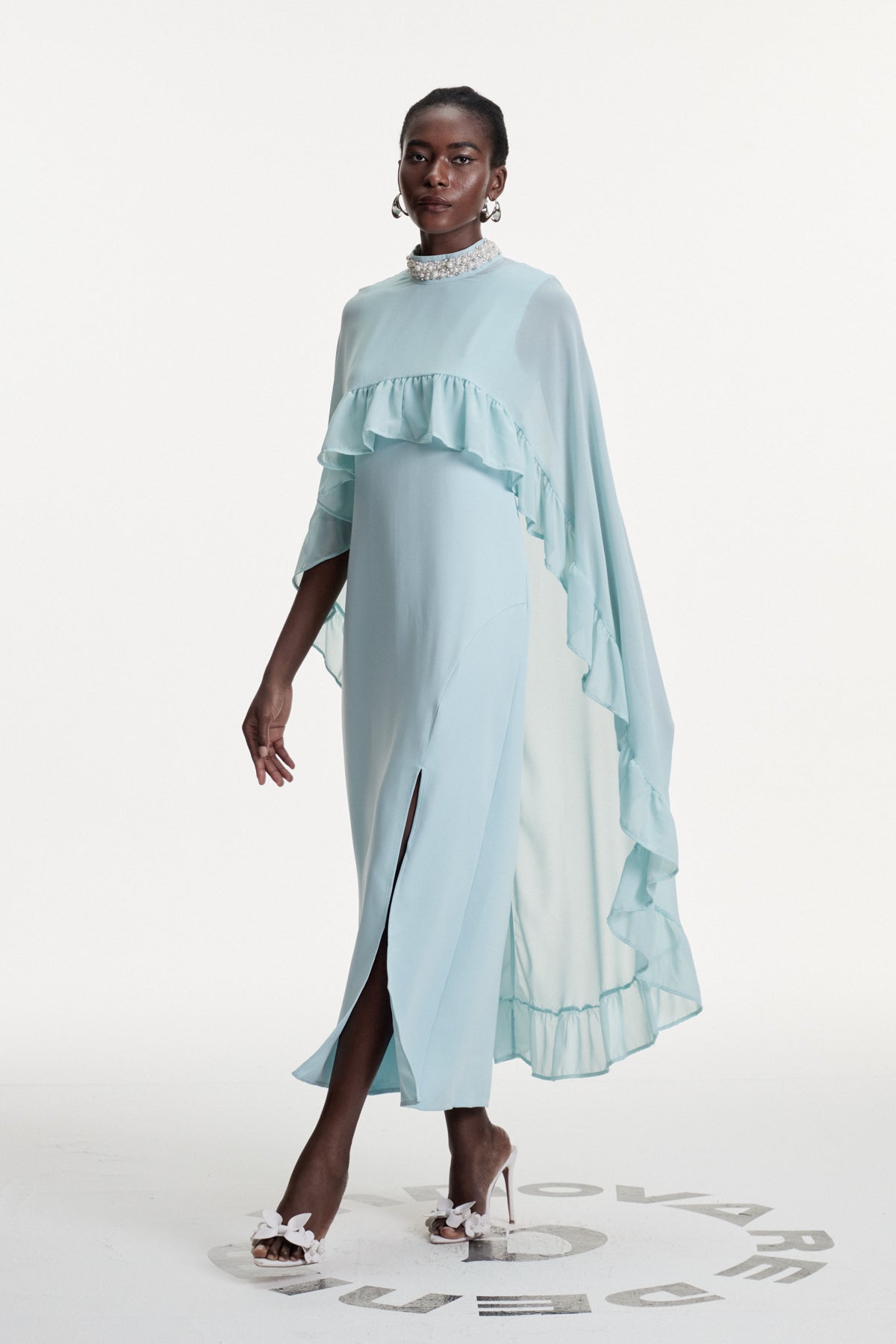 Damarion Pearl Ruffle Shawl Maxi Dress