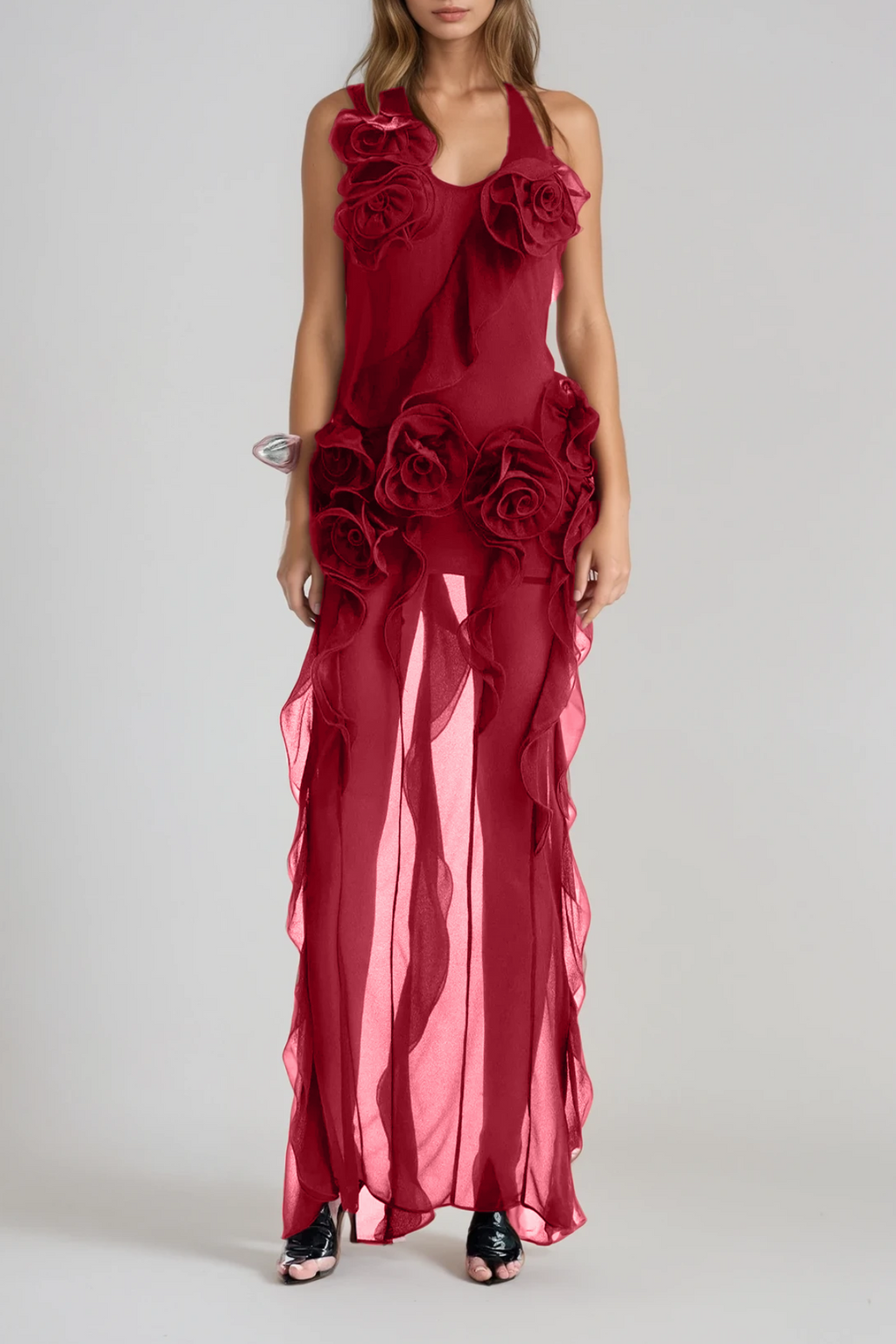 Damir Flower Backless Mesh Maxi Dress