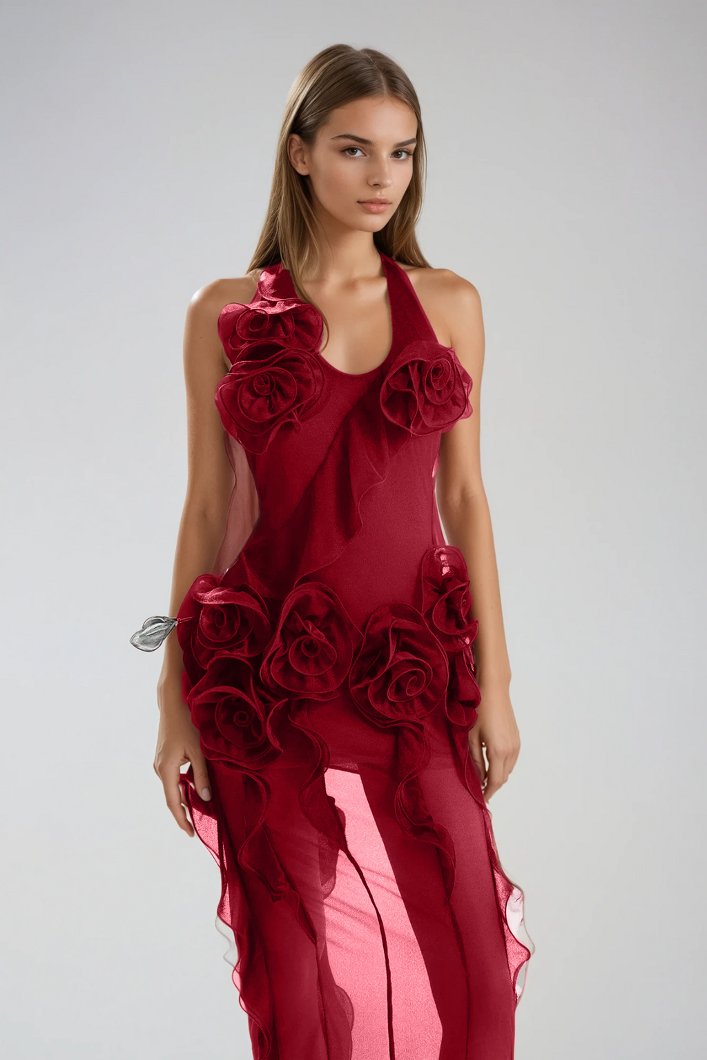 Damir Flower Backless Mesh Maxi Dress