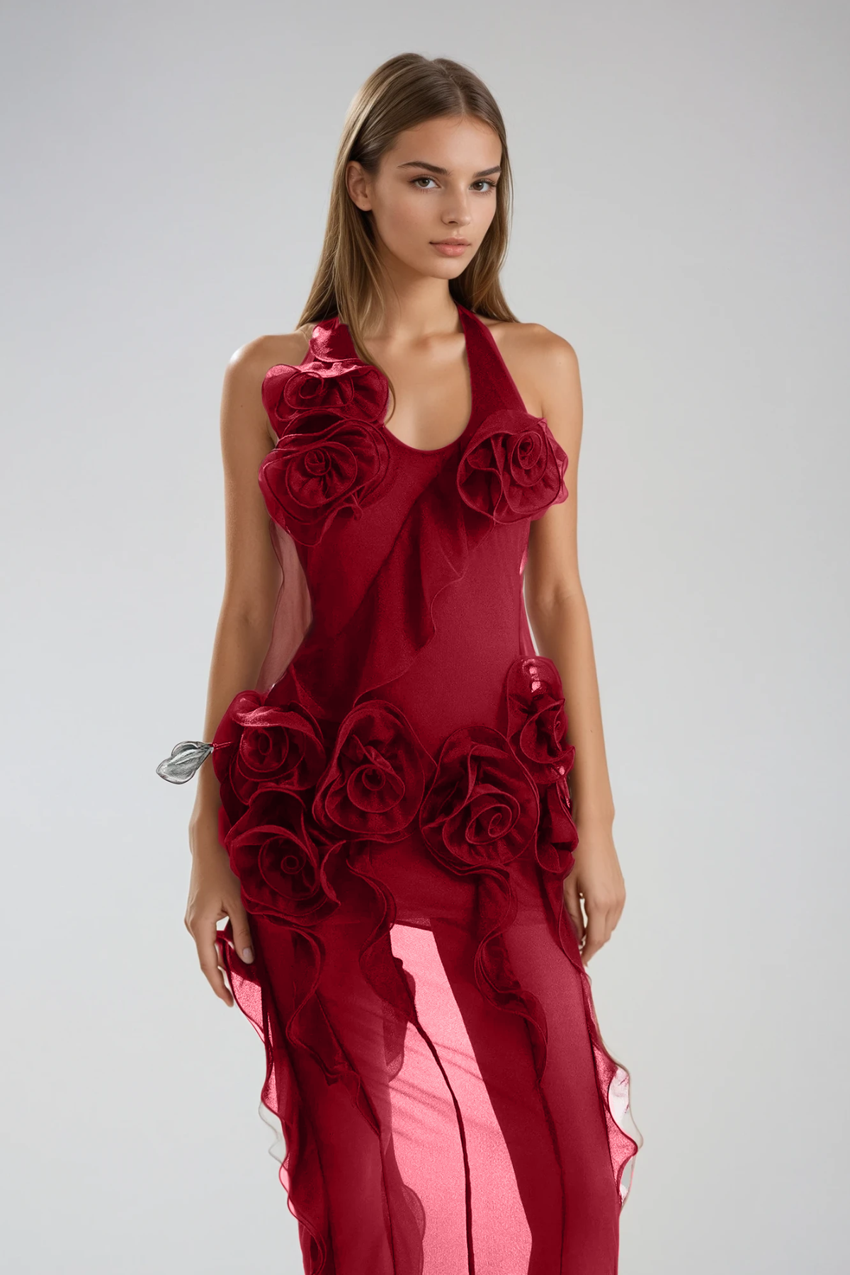 Damir Flower Backless Mesh Maxi Dress