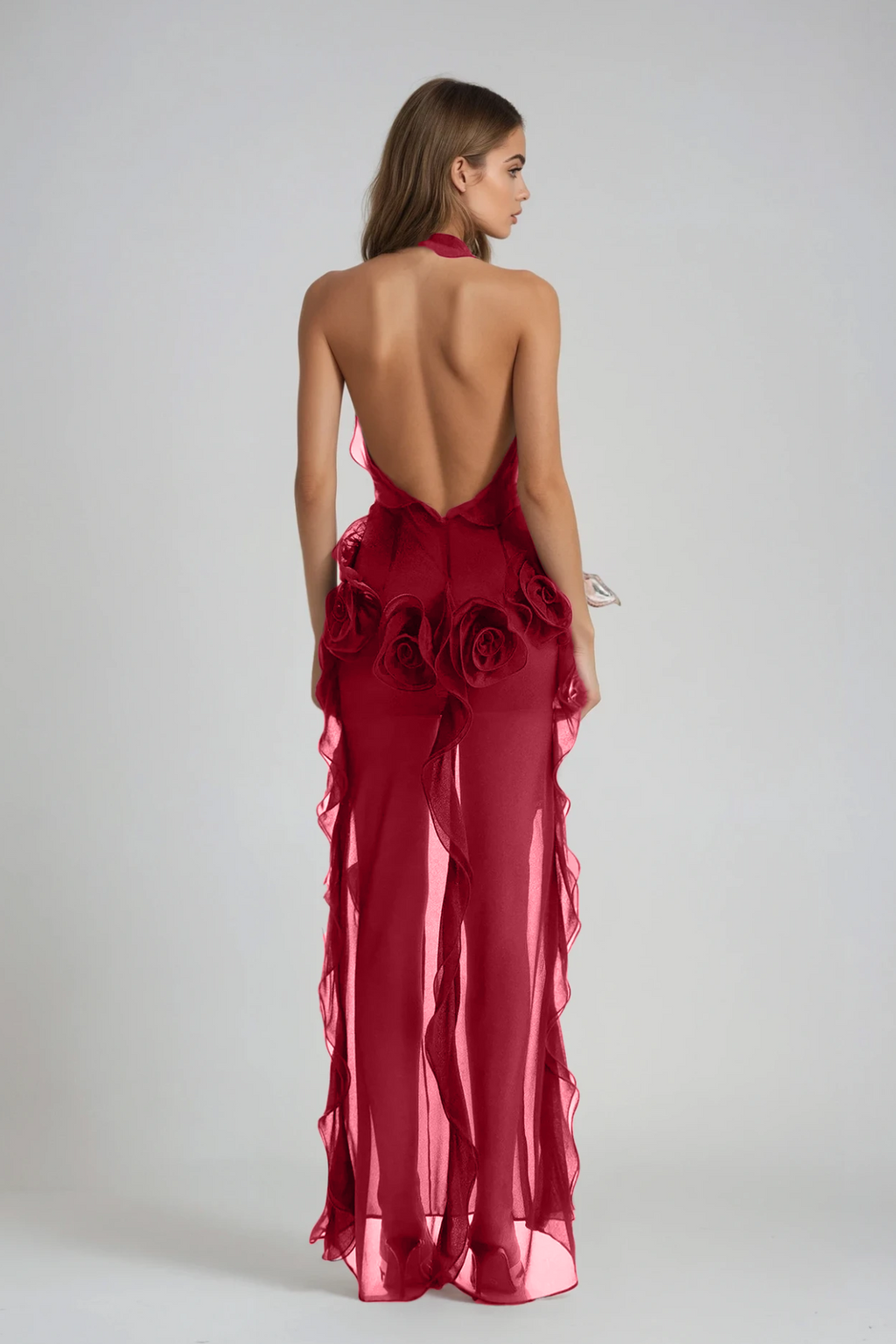 Damir Flower Backless Mesh Maxi Dress