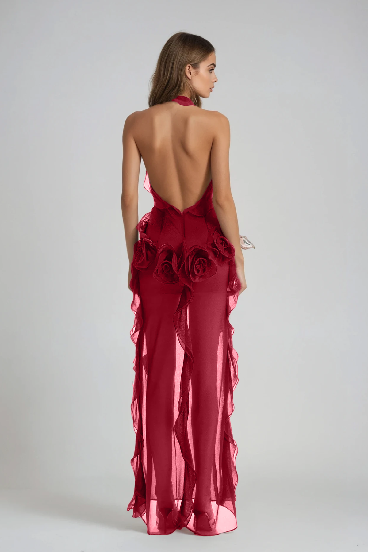 Damir Flower Backless Mesh Maxi Dress