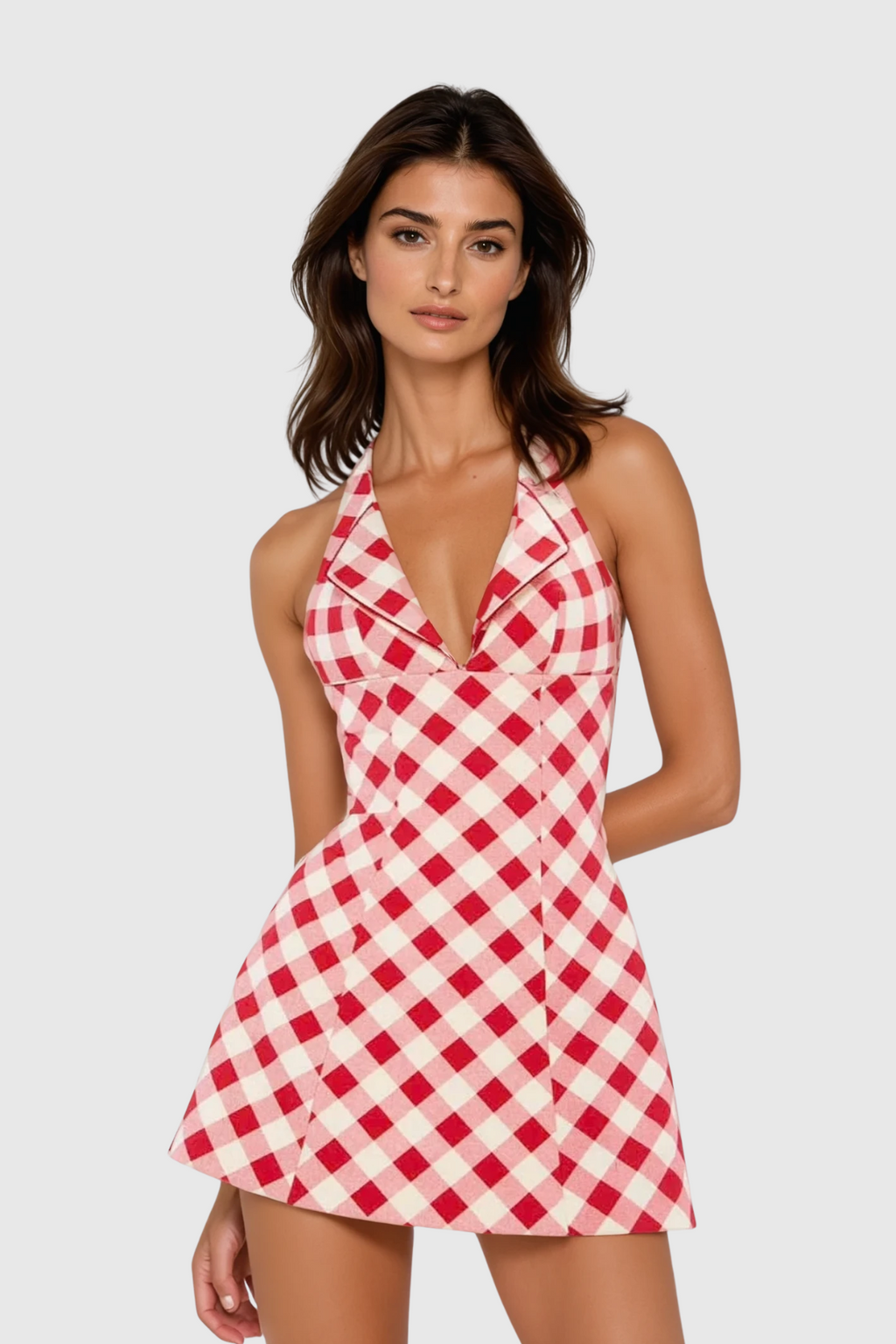 Damodara Grid Halter Neck Mini Dress