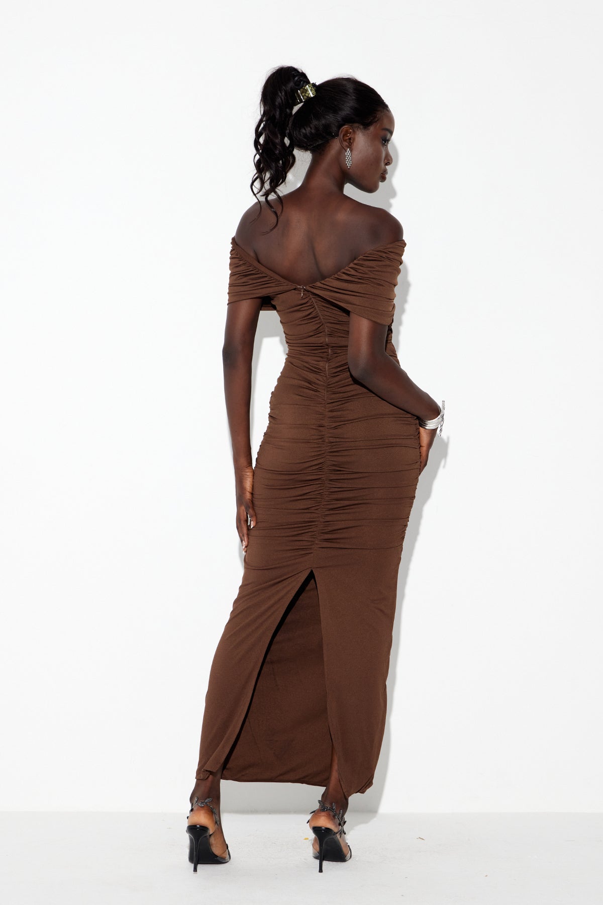 Danai Cutout Ruch Maxi Dress In Brown