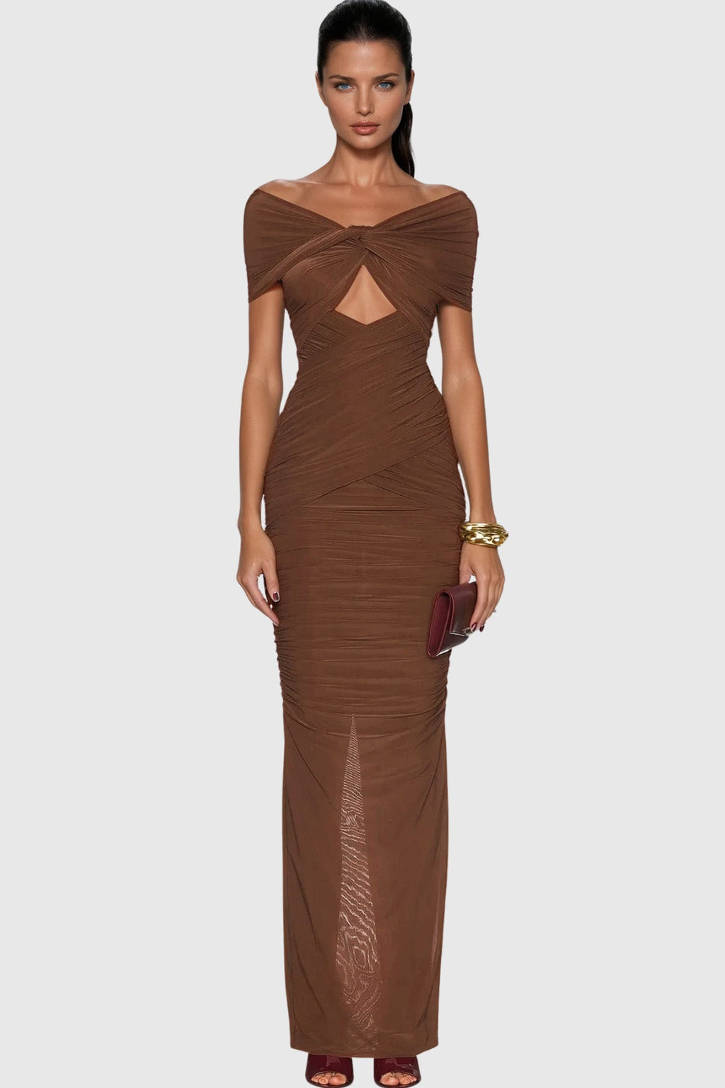 Danai Cutout Ruch Maxi Dress In Brown