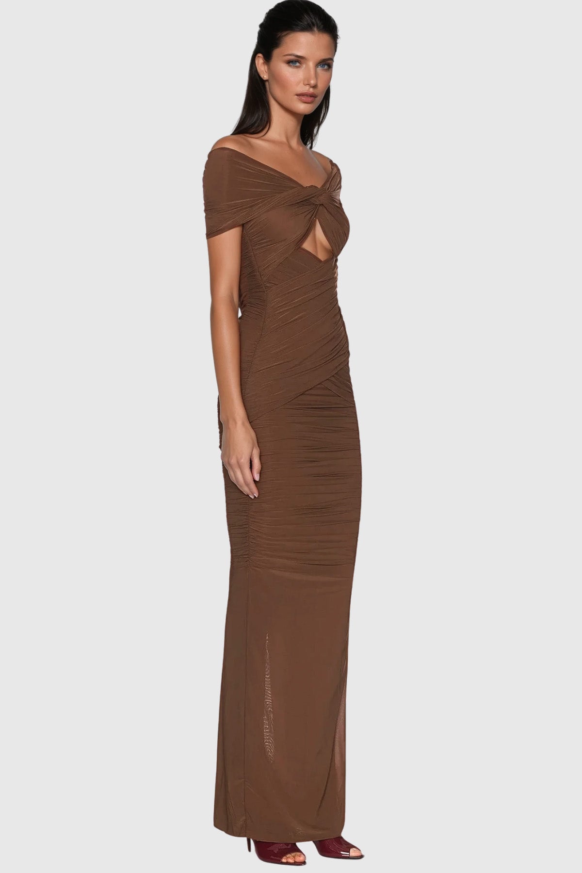 Danai Cutout Ruch Maxi Dress In Brown