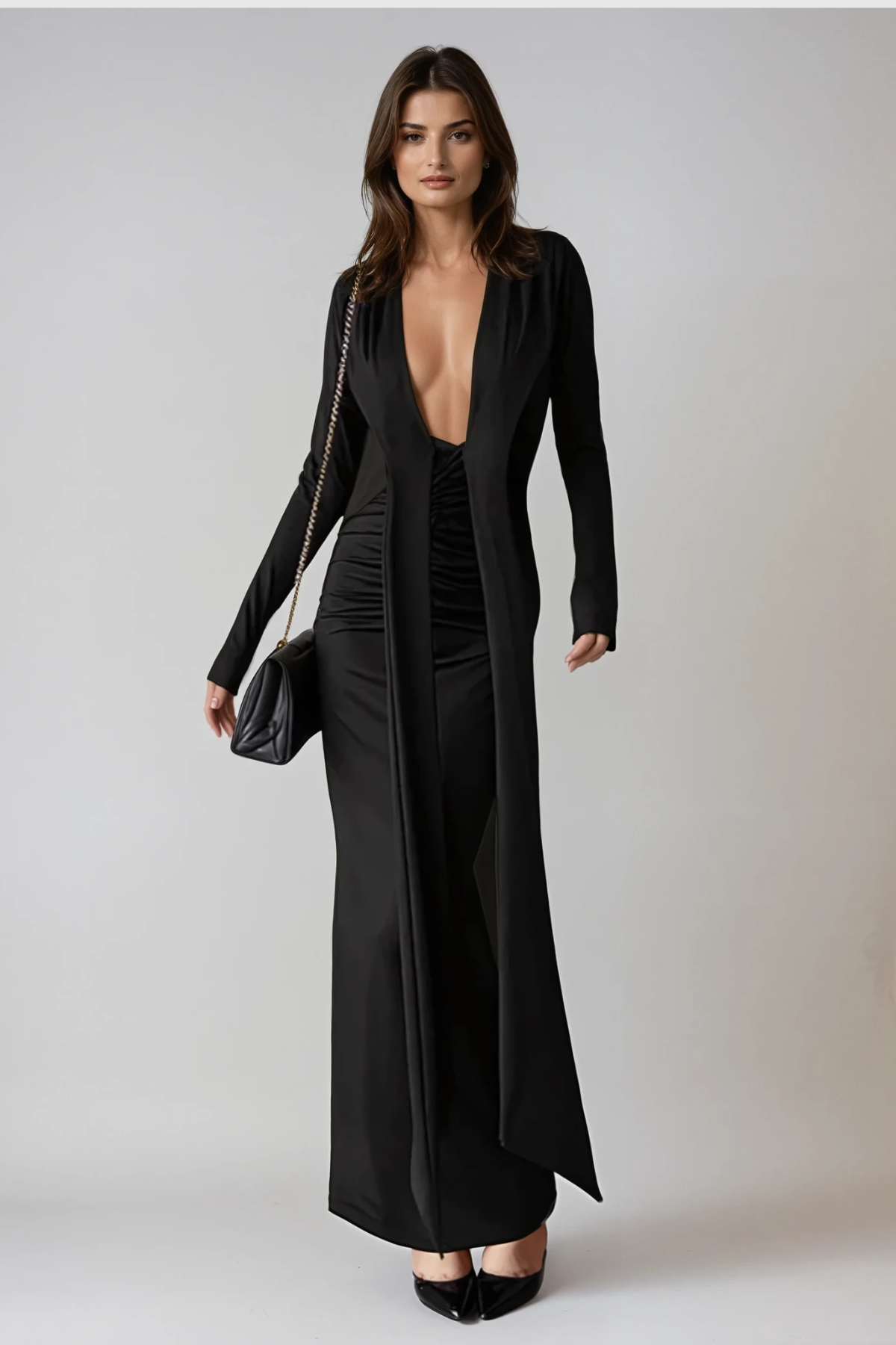 Dand Plunge Fringe Maxi Dress In Black