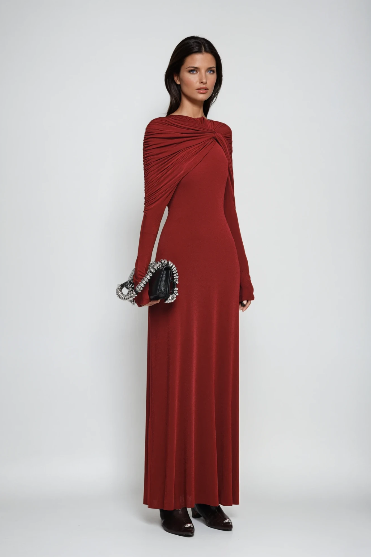 Daniel Ruch Twist Maxi Dress In Red