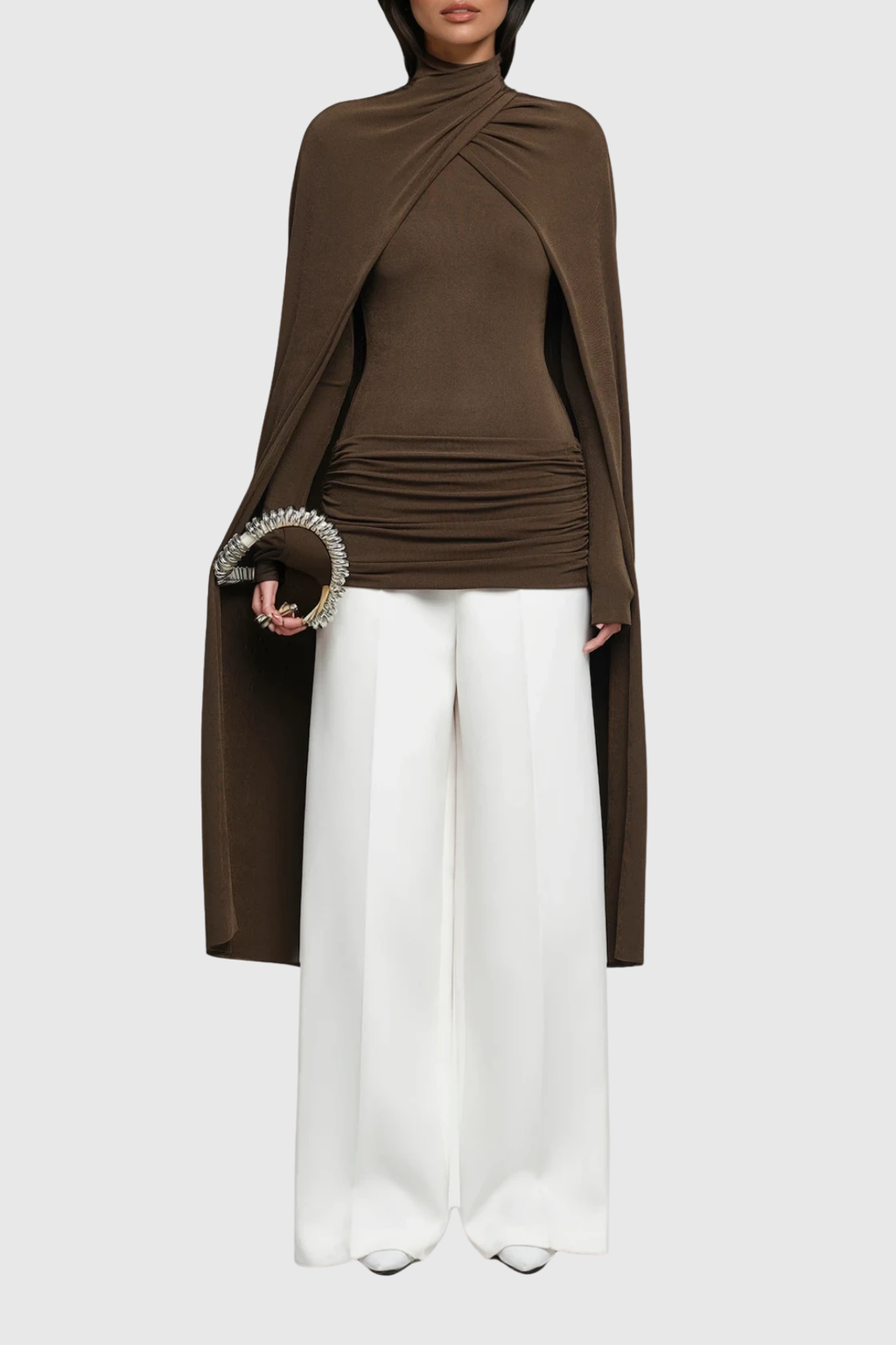 Danielius Bodycon Ruch Shawl Top In Brown