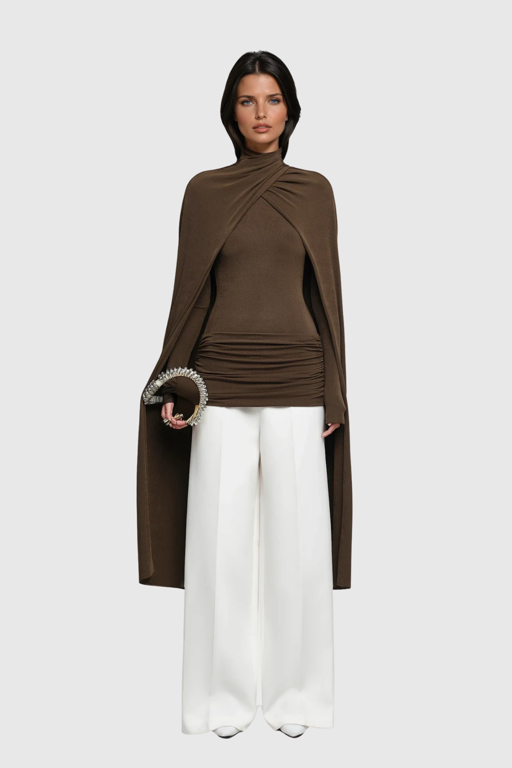 Danielius Bodycon Ruch Shawl Top In Brown