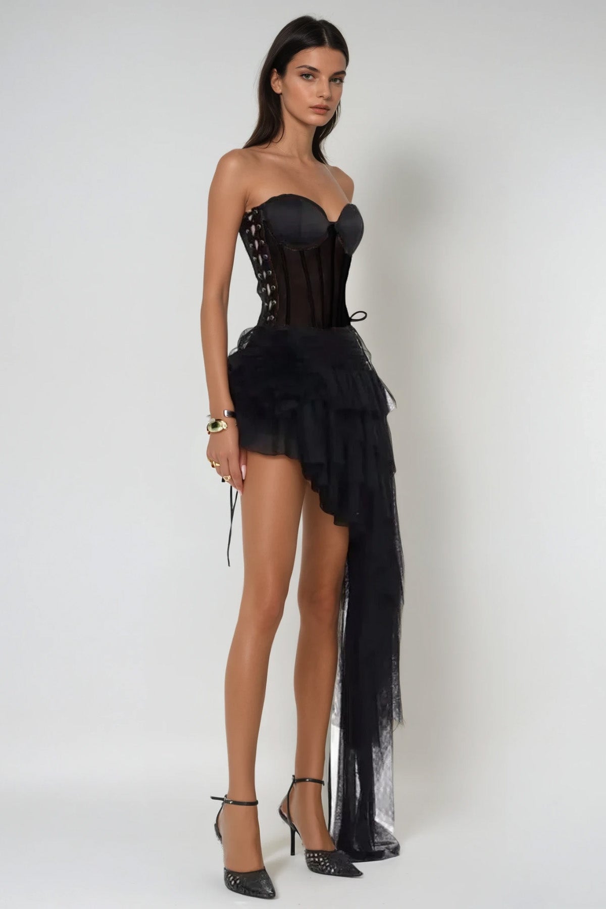 Danish Corset Mesh Asymmetric Mini Dress