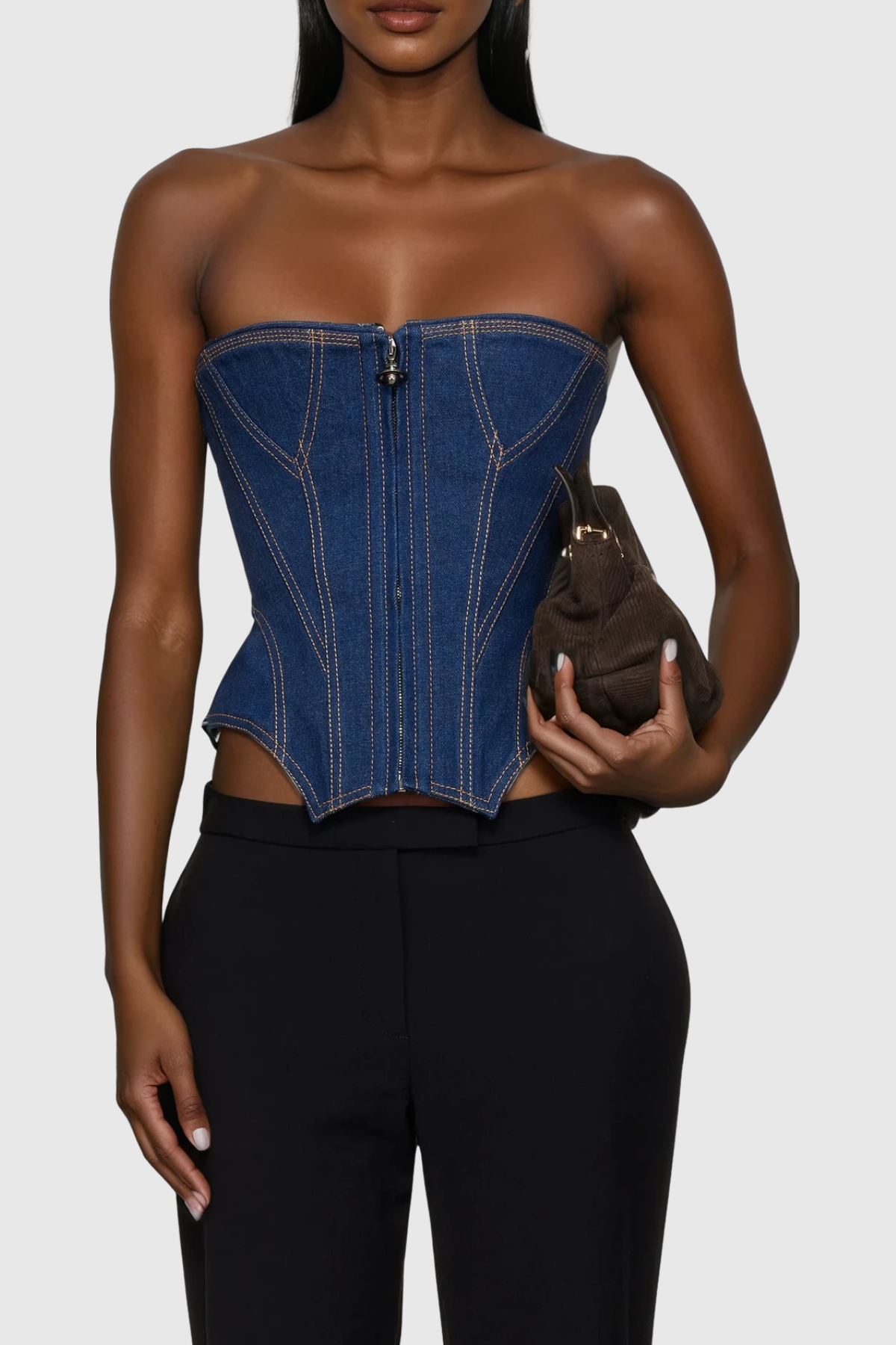 Daniya Strapless Zipper Denim Top