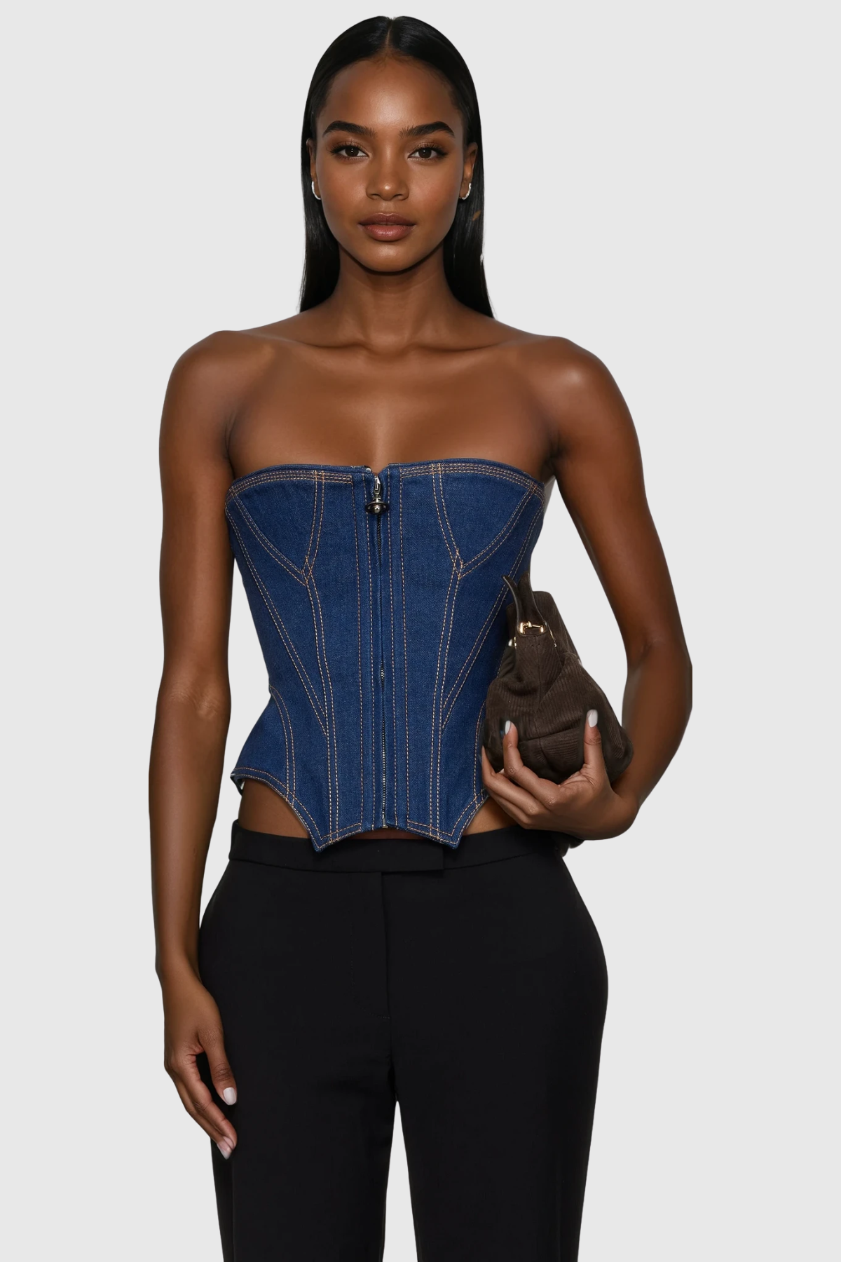Daniya Strapless Zipper Denim Top