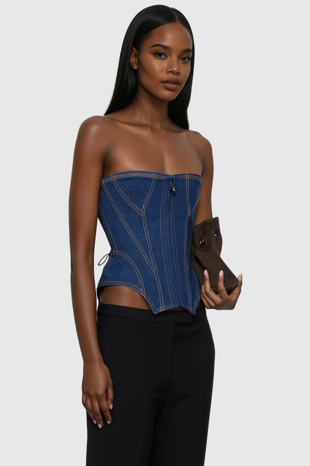 Daniya Strapless Zipper Denim Top