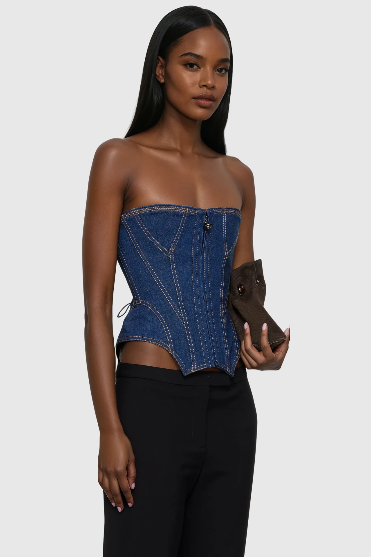 Daniya Strapless Zipper Denim Top