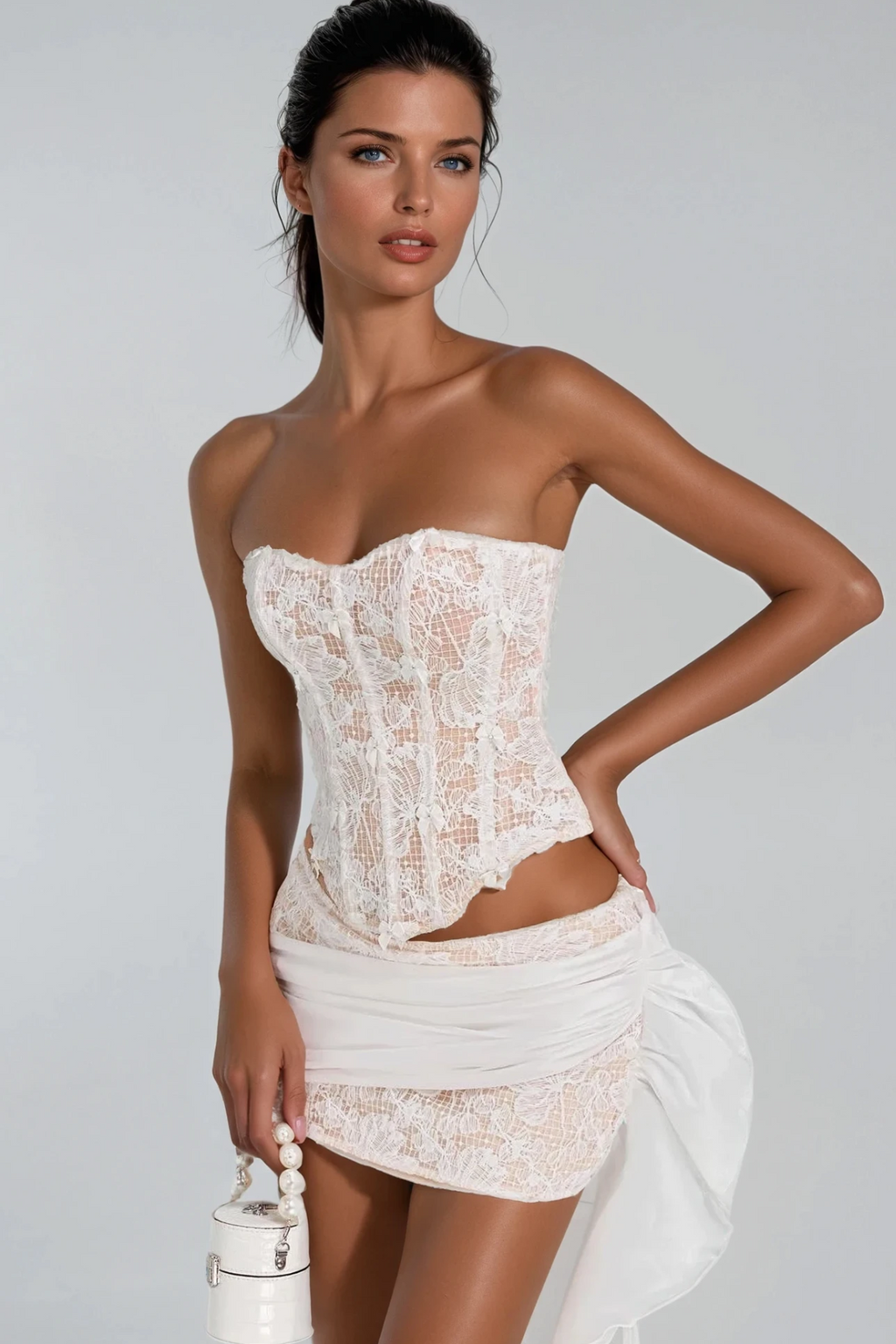 Danne Corset Fringe Skirt Set In White