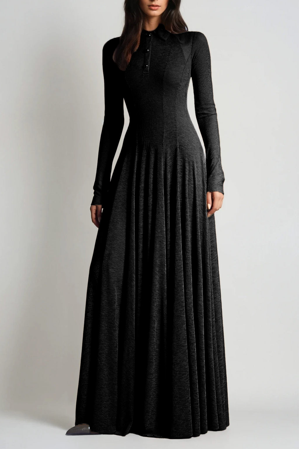 Dany Long Sleeve Ruffle Knit Maxi Dress In Black