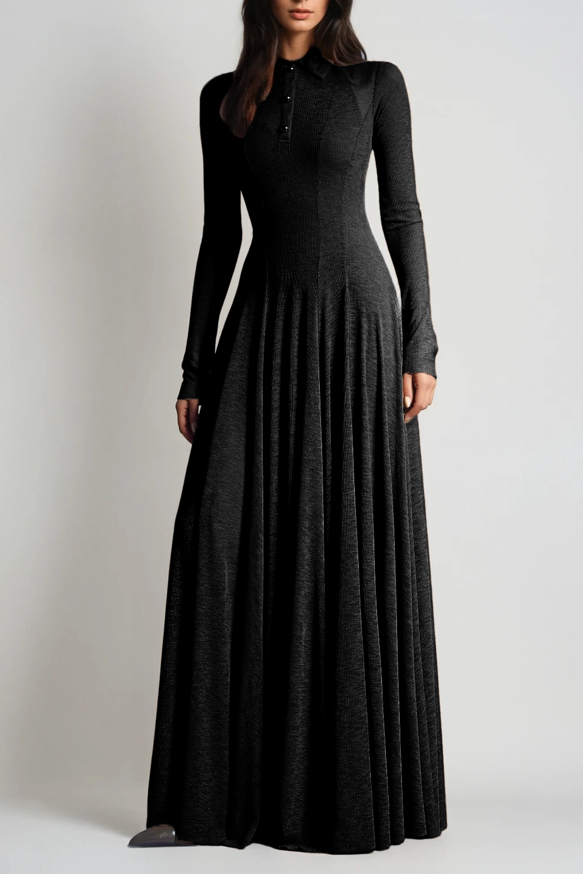 Dany Long Sleeve Ruffle Knit Maxi Dress In Black