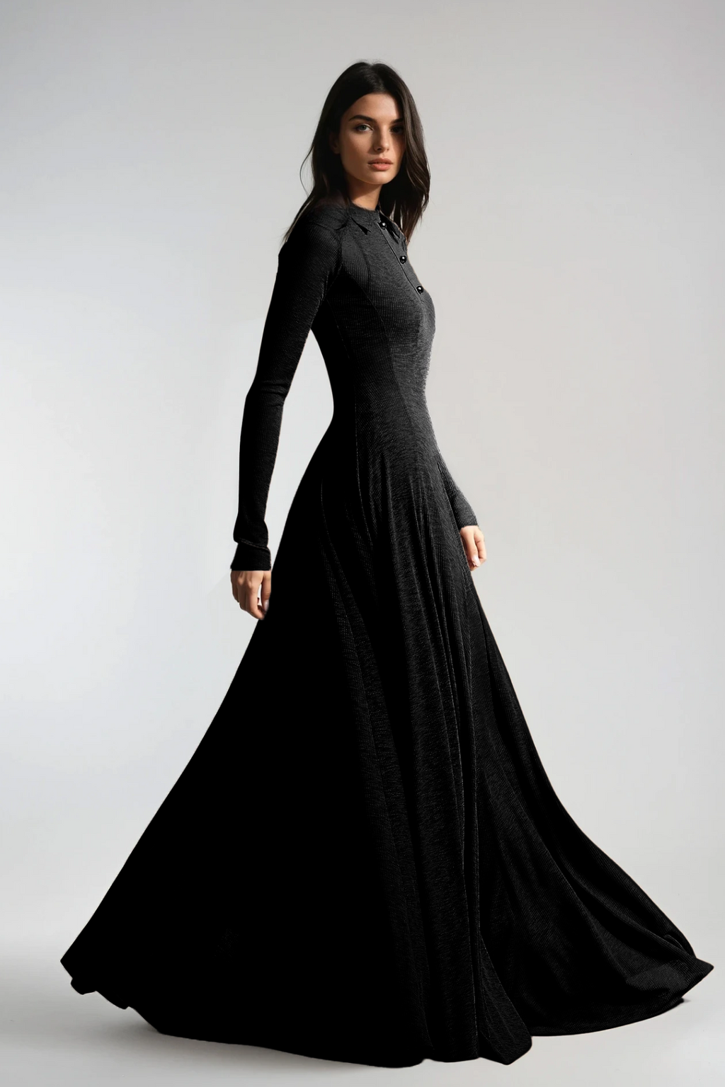 Dany Long Sleeve Ruffle Knit Maxi Dress In Black