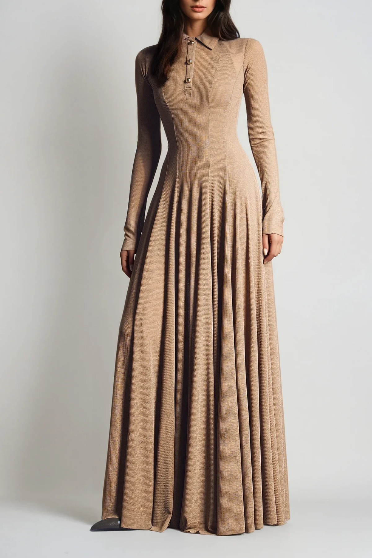 Dany Long Sleeve Ruffle Knit Maxi Dress In Khaki