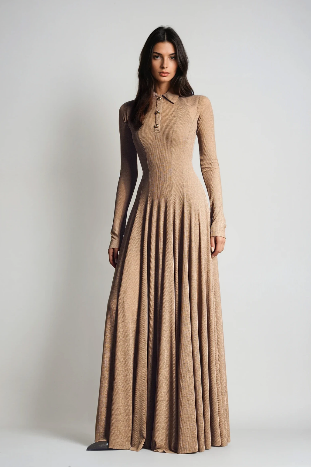 Dany Long Sleeve Ruffle Knit Maxi Dress In Khaki