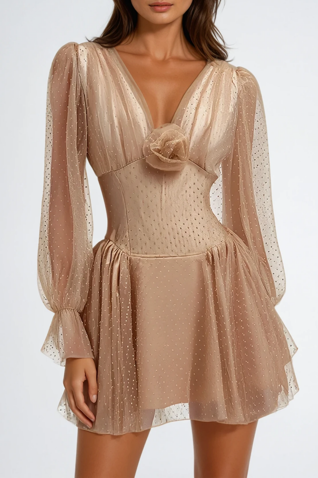 Danyal Flower Balloon Sleeve Mesh Mini Dress