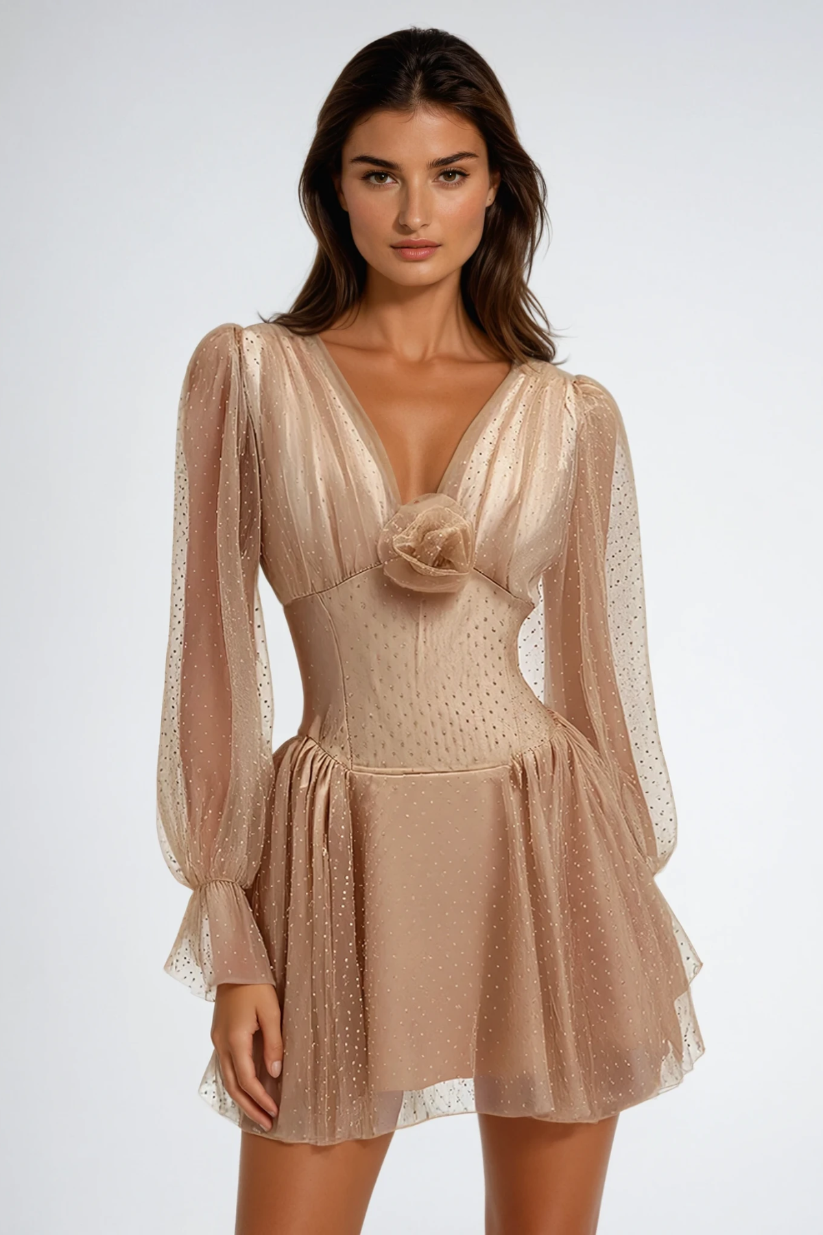 Danyal Flower Balloon Sleeve Mesh Mini Dress