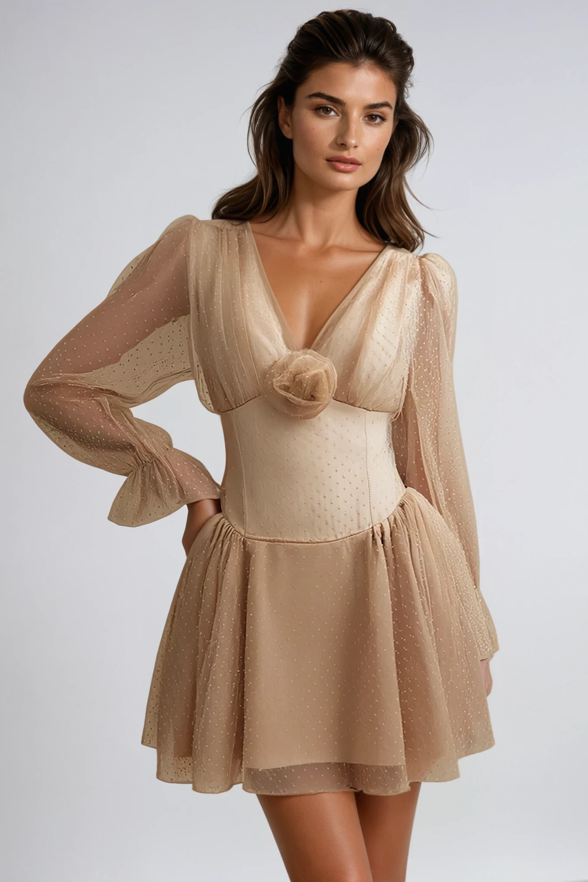 Danyal Flower Balloon Sleeve Mesh Mini Dress