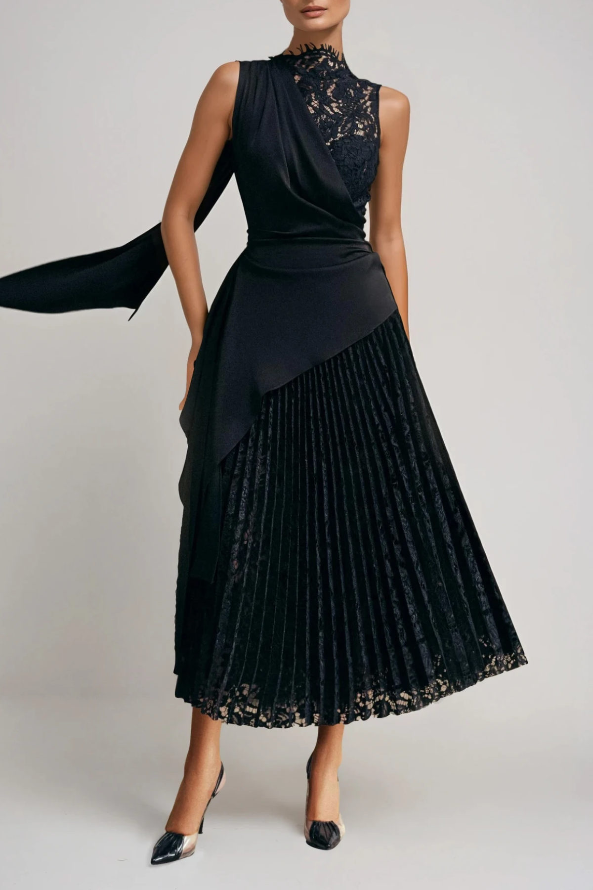 Danya Sleeveless Lace Ruch Midi Dress