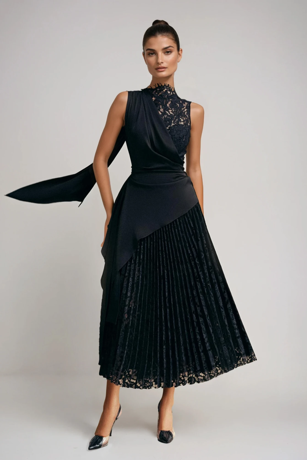 Danya Sleeveless Lace Ruch Midi Dress