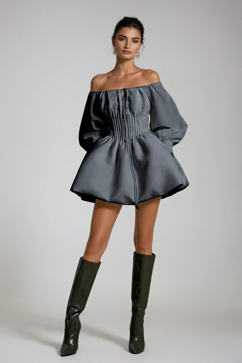 Daoud Off Shoulder Ruch Mini Dress In Grey