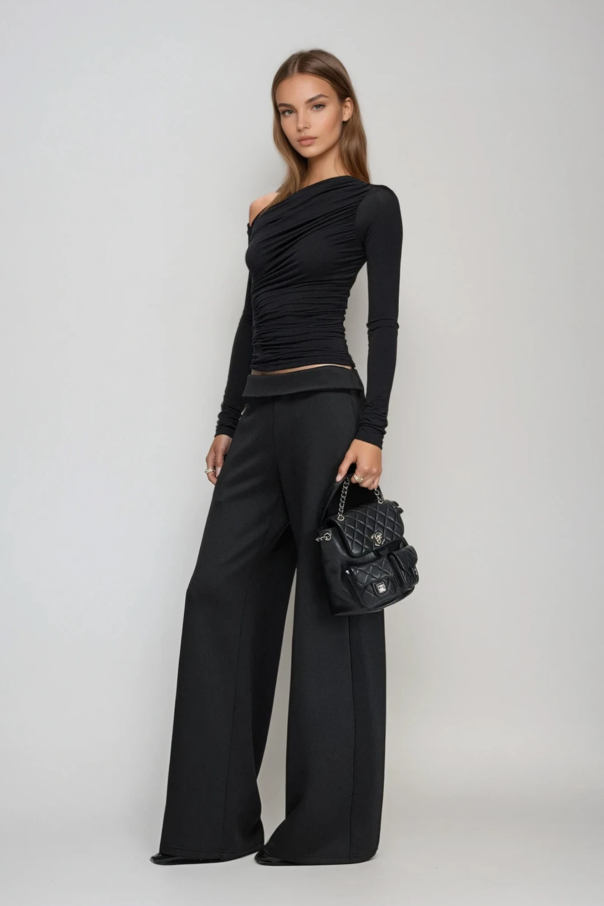 Darell One Shoulder Ruch Long Sleeve Top In Black