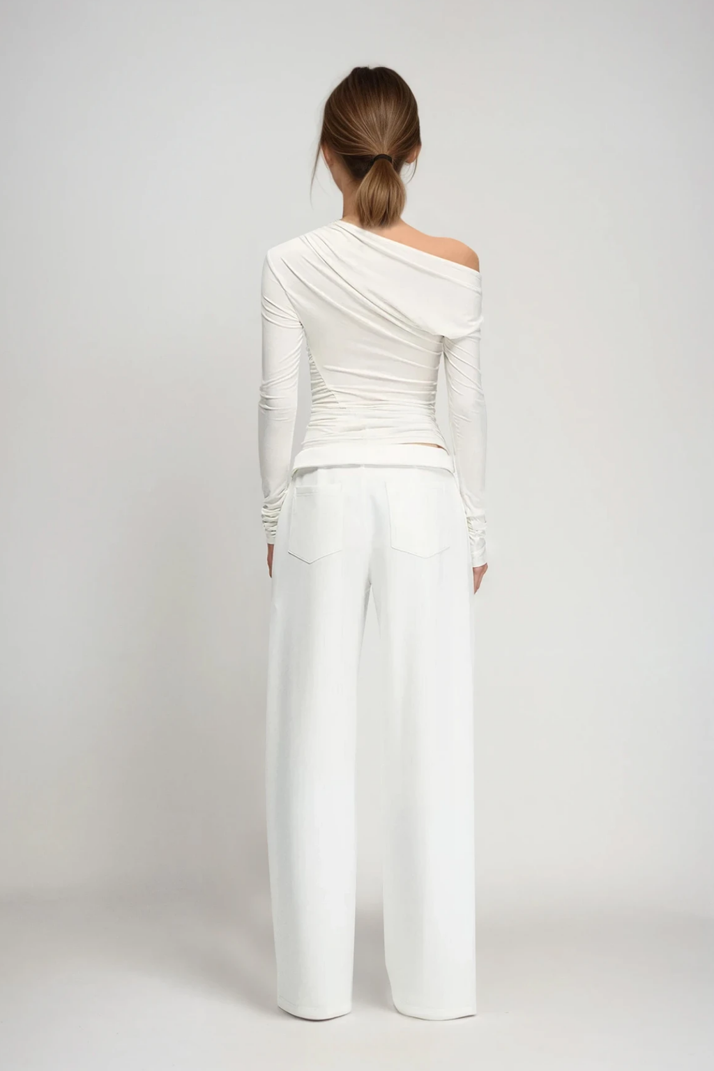 Darell One Shoulder Ruch Long Sleeve Top In White