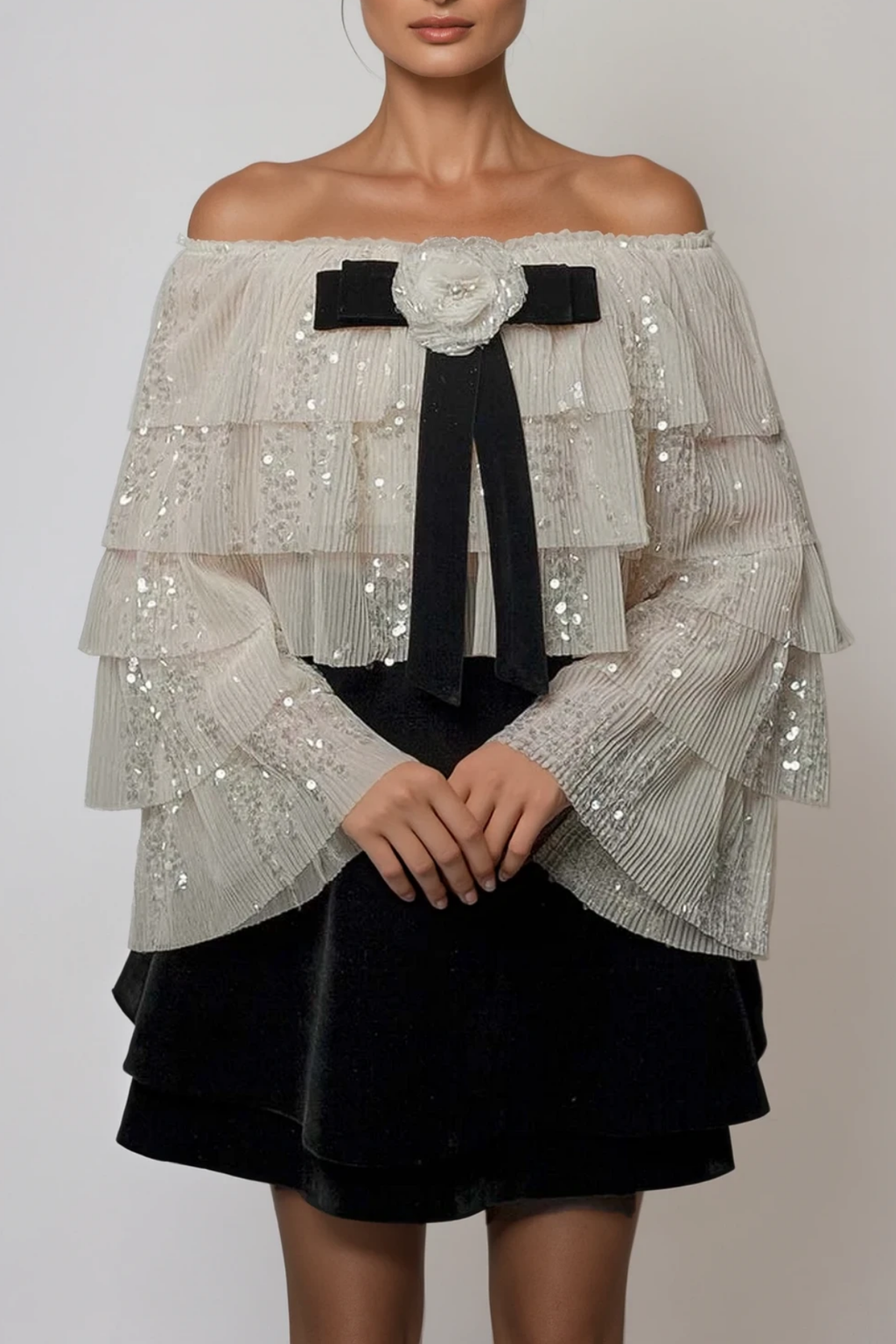 Daris Flower Ruffle Sequin Skirt Set