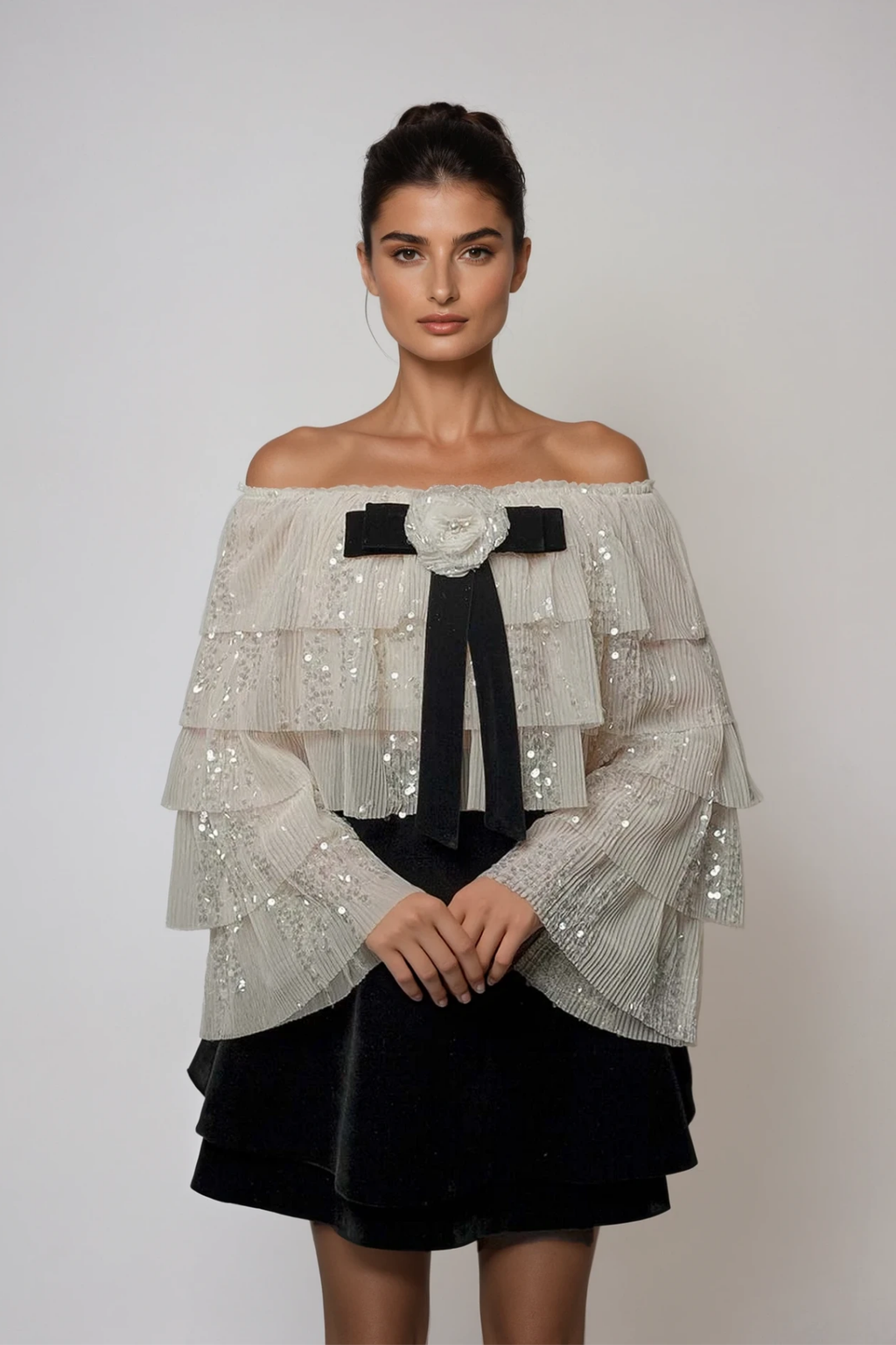 Daris Flower Ruffle Sequin Skirt Set