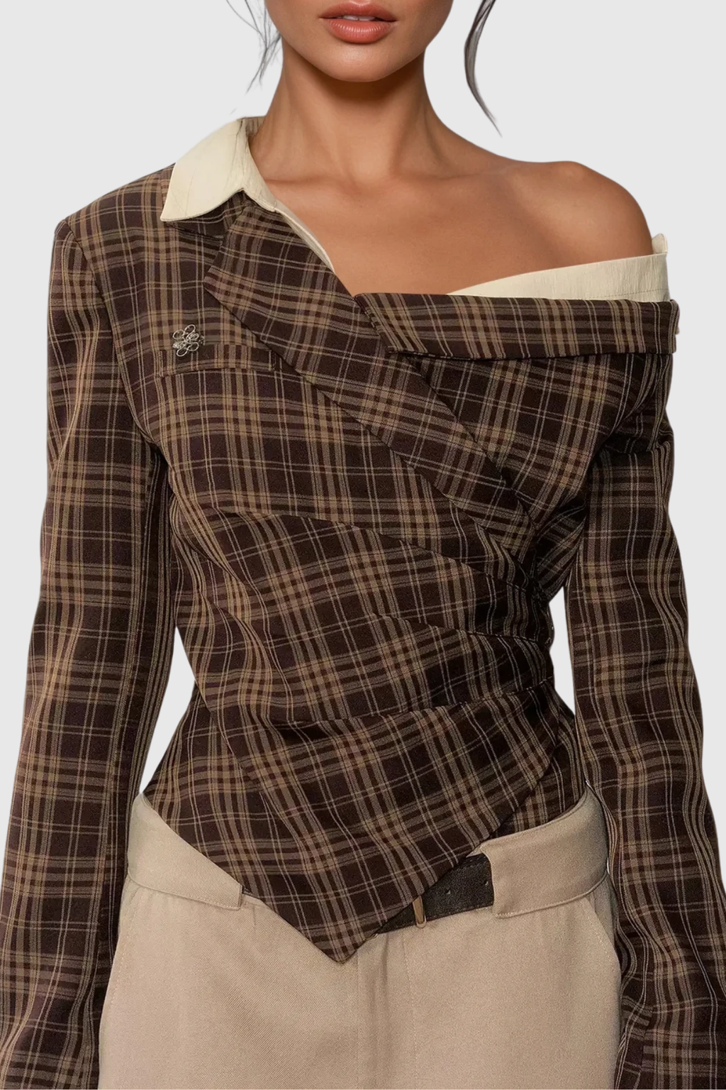 Darko One Shoulder Grid Top In Brown