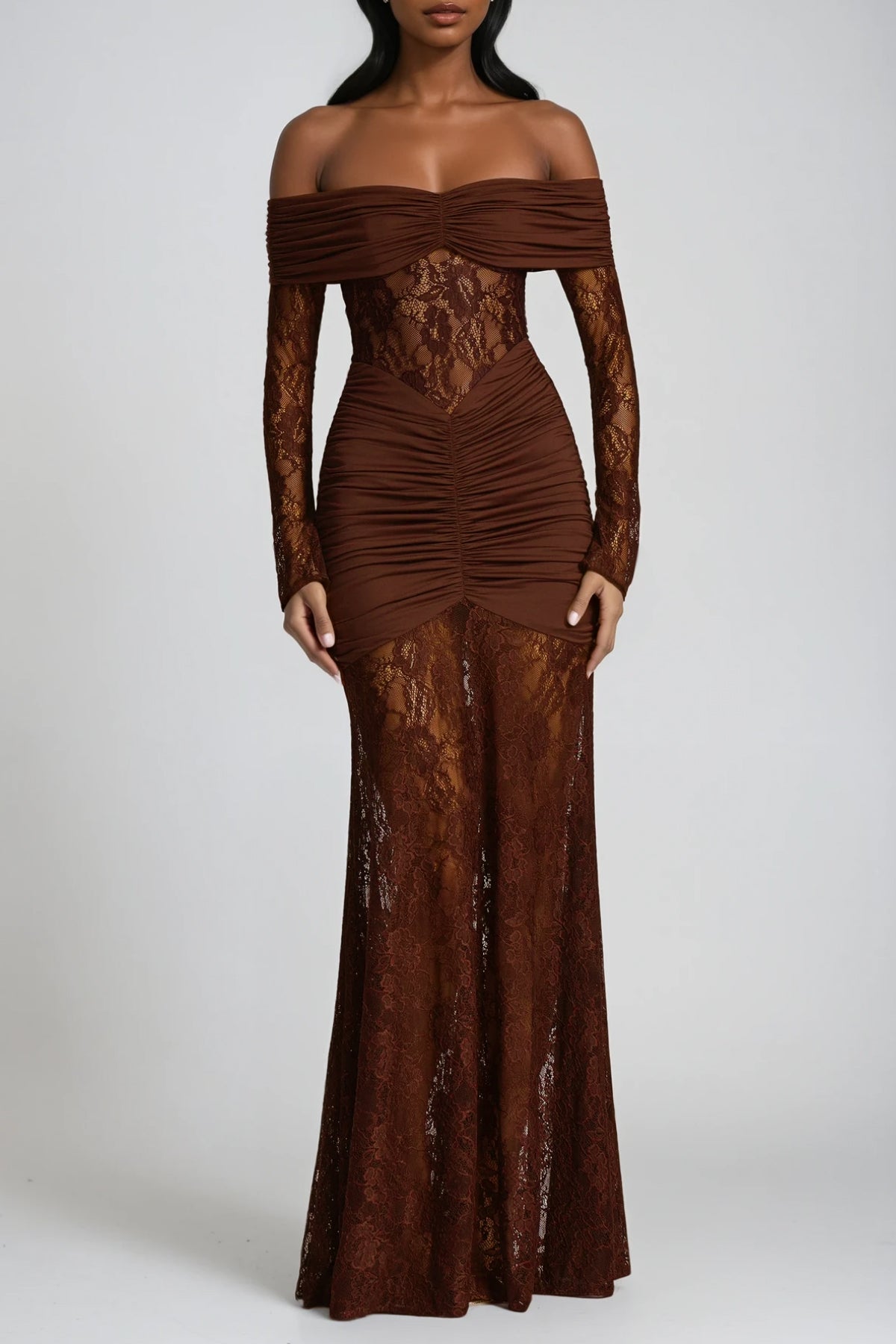 Darlene Strapless Ruch Lace Maxi Dress
