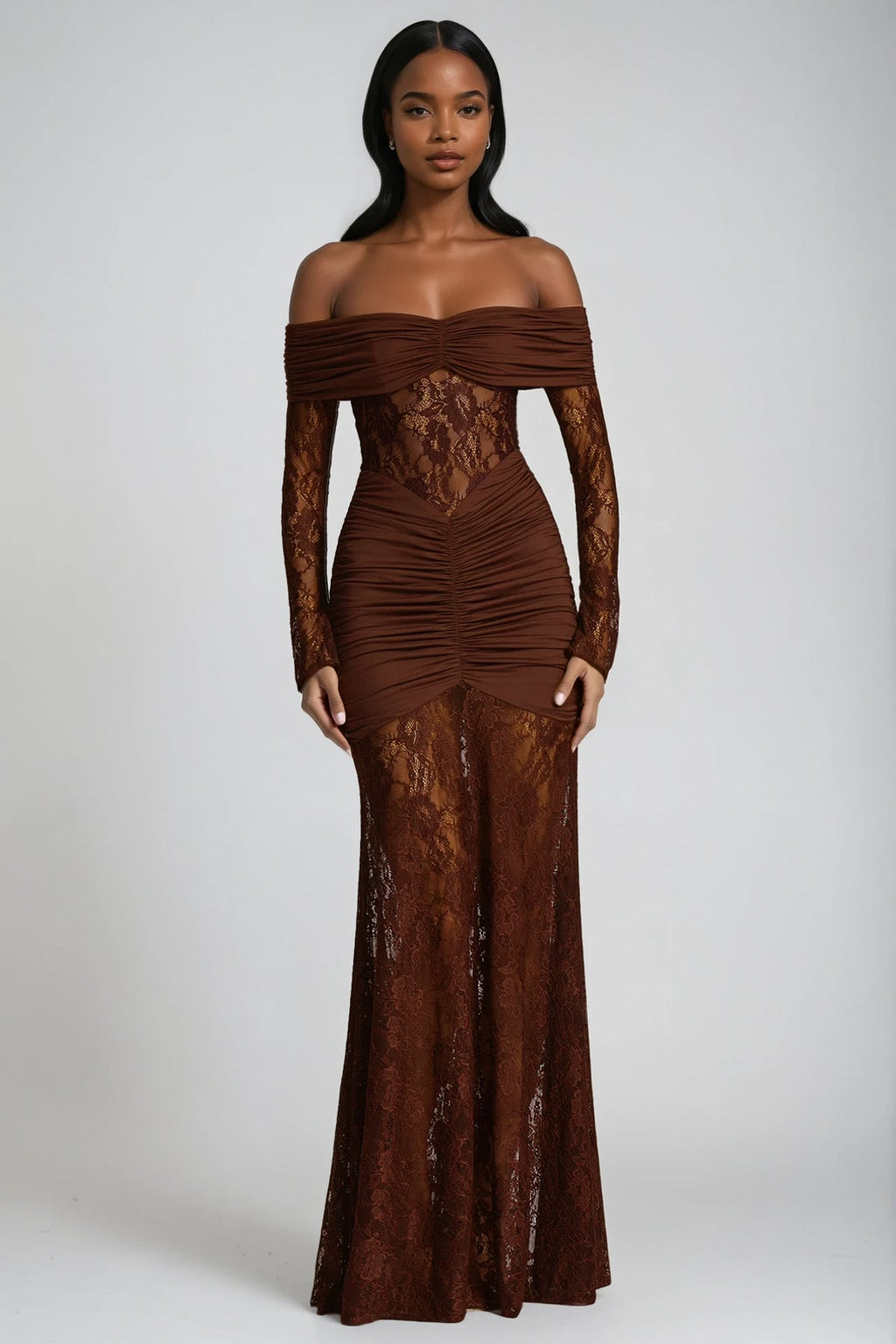 Darlene Strapless Ruch Lace Maxi Dress