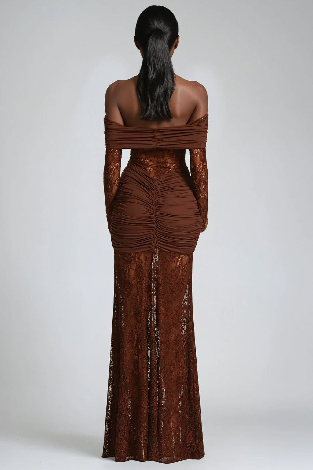 Darlene Strapless Ruch Lace Maxi Dress