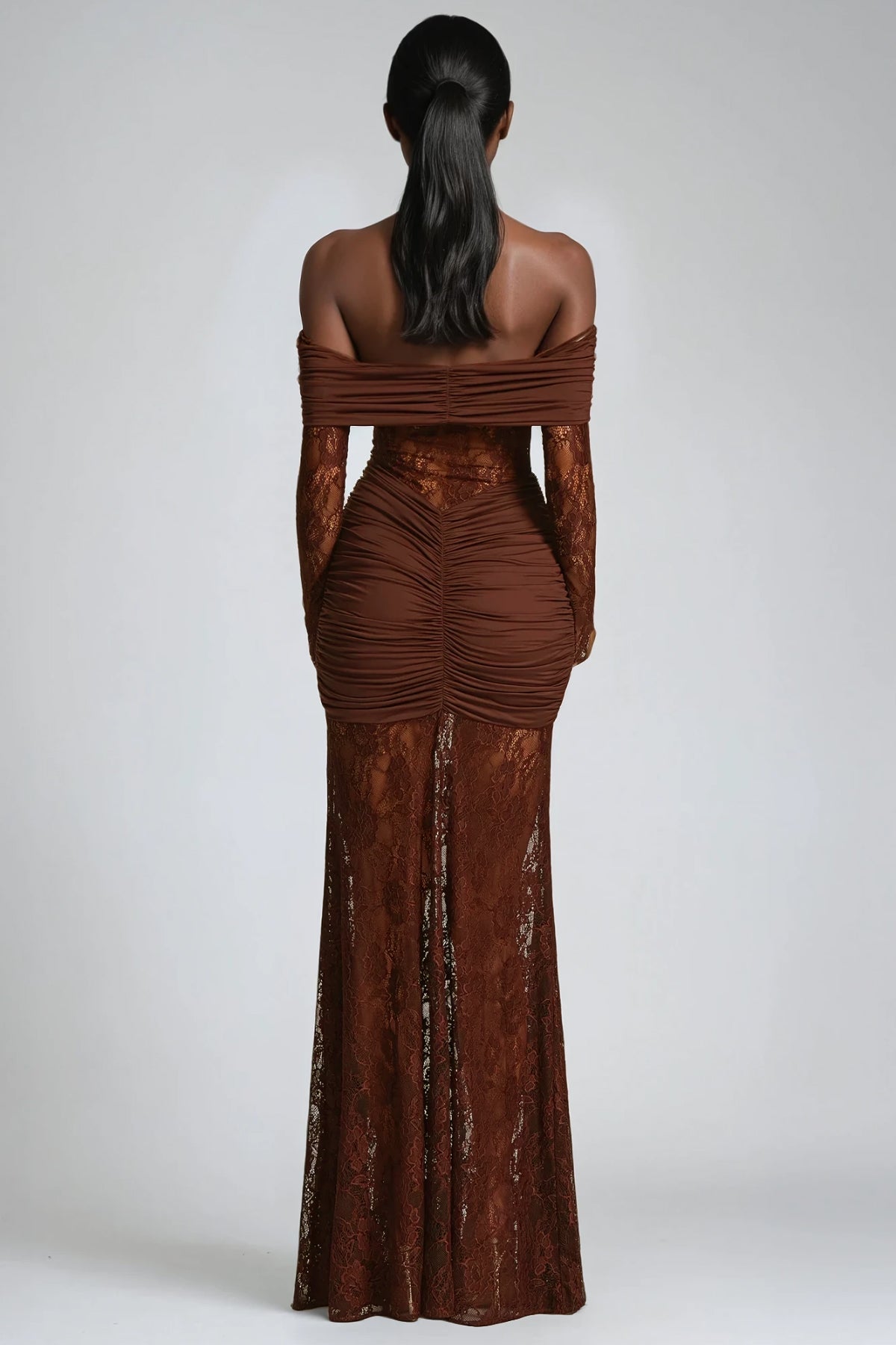 Darlene Strapless Ruch Lace Maxi Dress