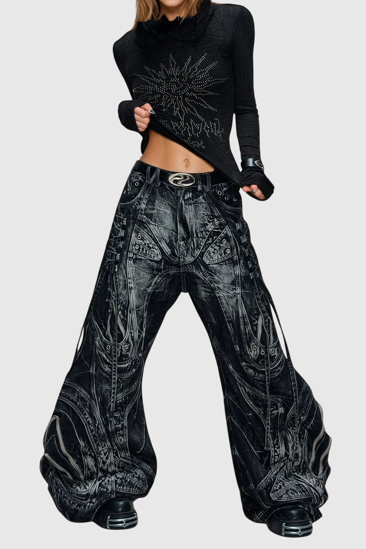 Daryl Deconstruct Print Wide Leg Jeans In Black