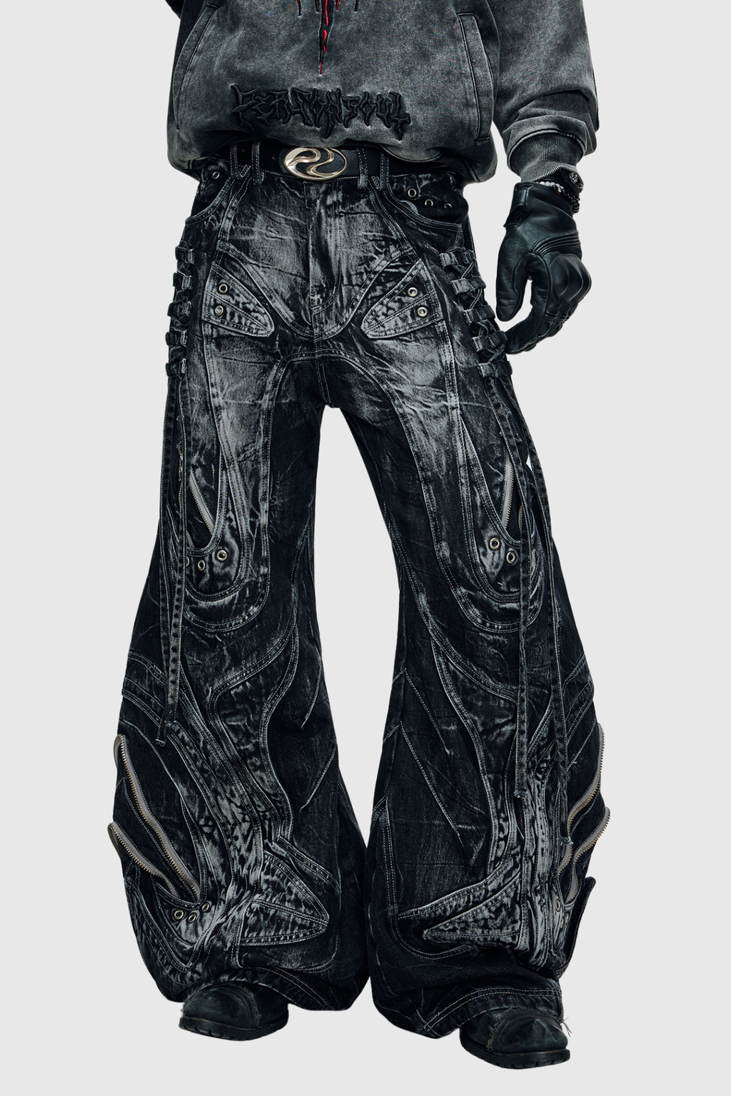 Daryl Deconstruct Print Wide Leg Jeans In Black