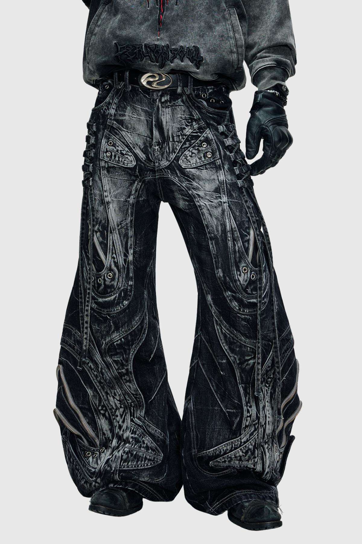 Daryl Deconstruct Print Wide Leg Jeans In Black