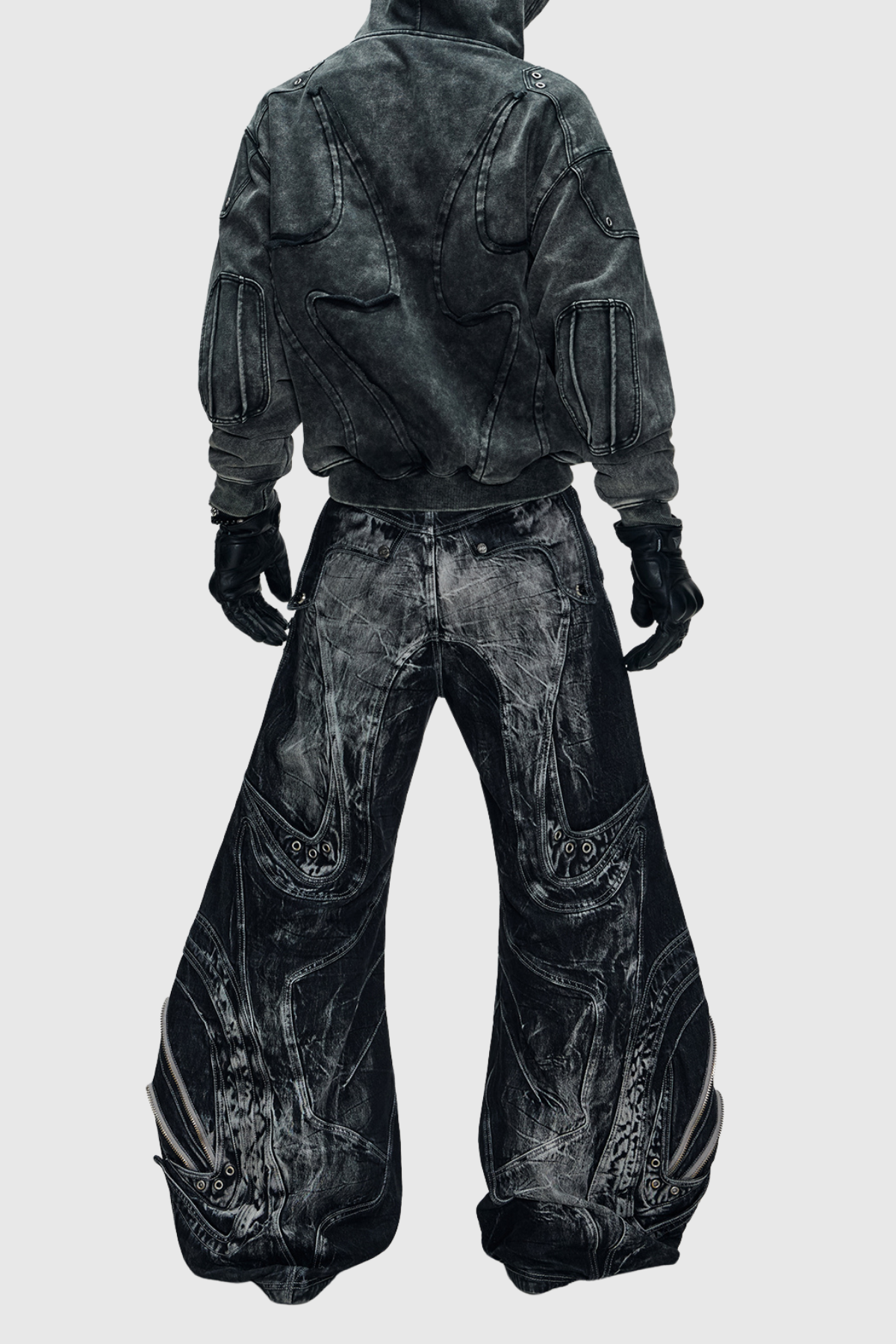 Daryl Deconstruct Print Wide Leg Jeans In Black