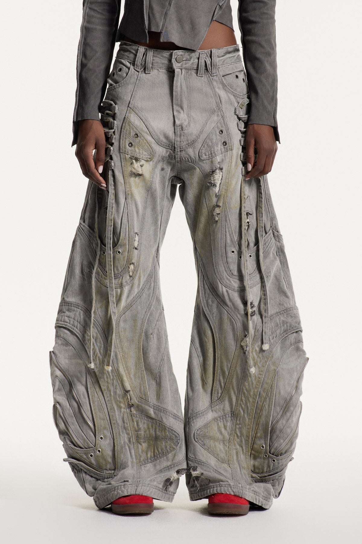 Daryl Deconstruct Print Wide Leg Jeans In Grey