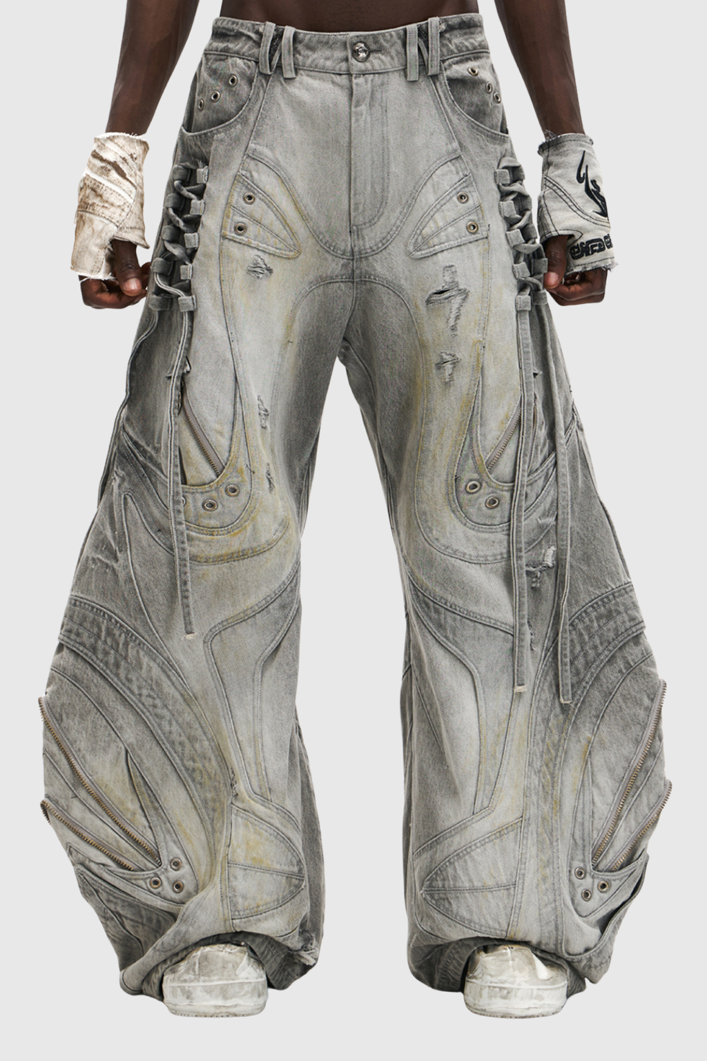 Daryl Deconstruct Print Wide Leg Jeans In Grey